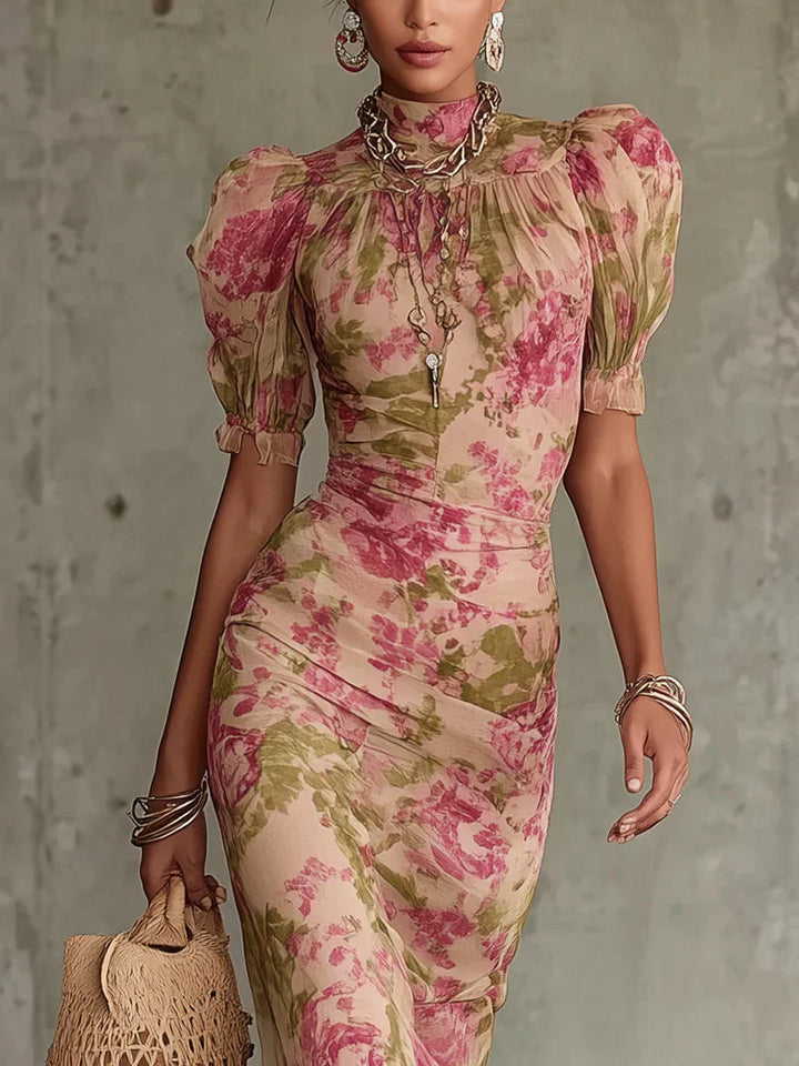 Eugenia Robe Maxi à Imprimé Floral Vintage Rose et Manches Bouffantes (Accessoires non inclus)