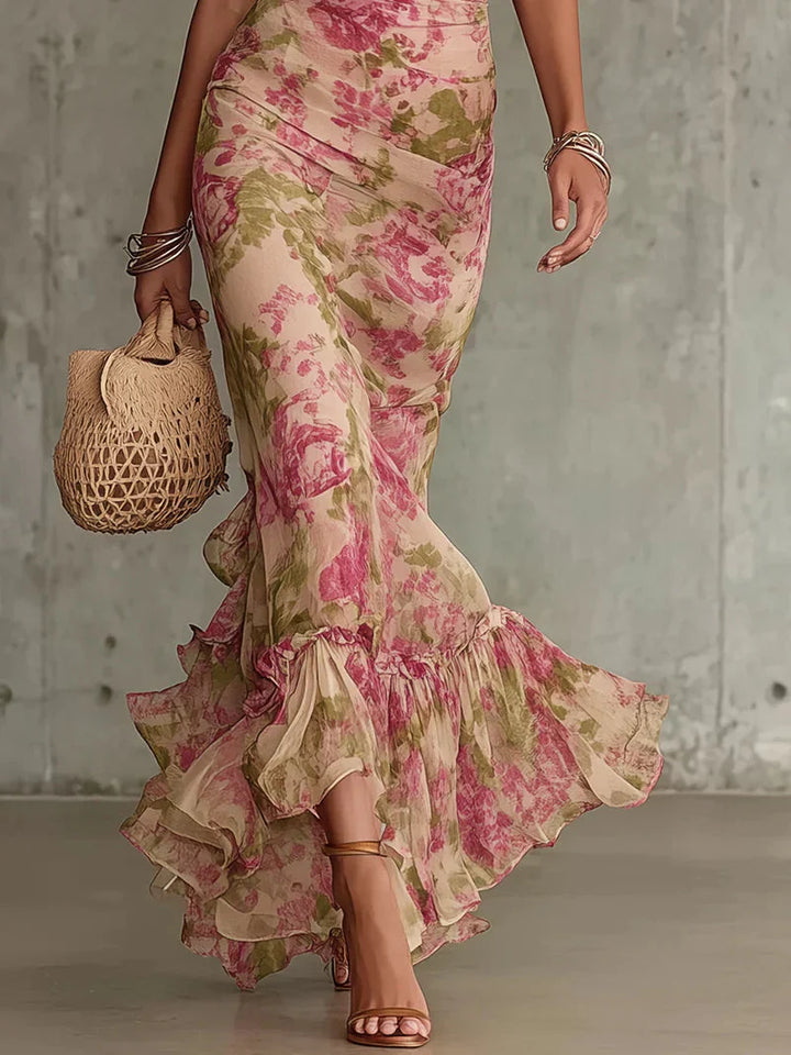 Eugenia Robe Maxi à Imprimé Floral Vintage Rose et Manches Bouffantes (Accessoires non inclus)
