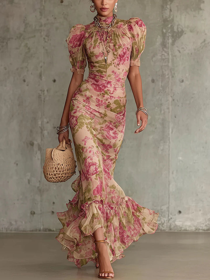 Fiora | Romantic Vintage Rose Puff Sleeve Maxi Dress