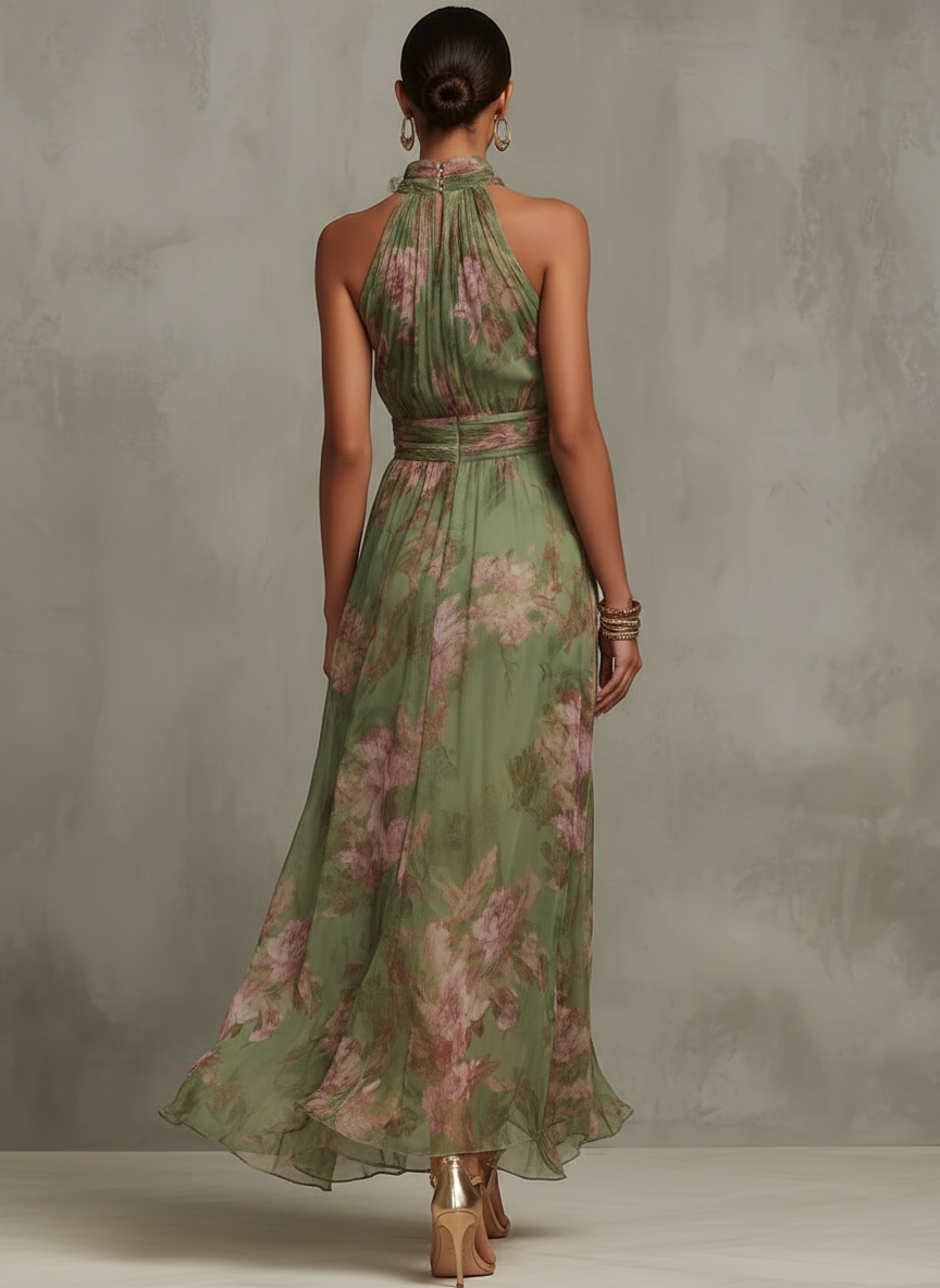 Leah - Green Floral Chiffon Maxi Dress with Halter Neckline