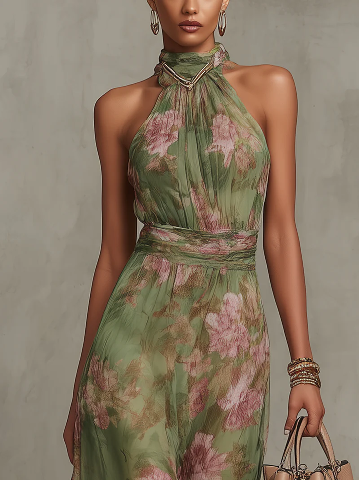 Leah - Green Floral Chiffon Maxi Dress with Halter Neckline