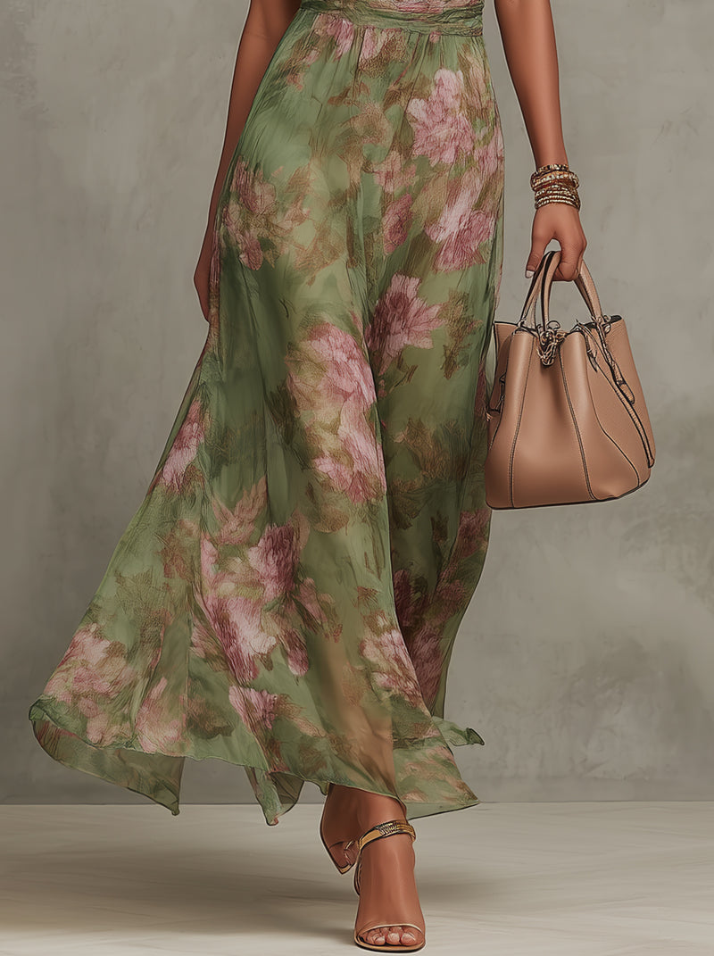 Leah - Green Floral Chiffon Maxi Dress with Halter Neckline