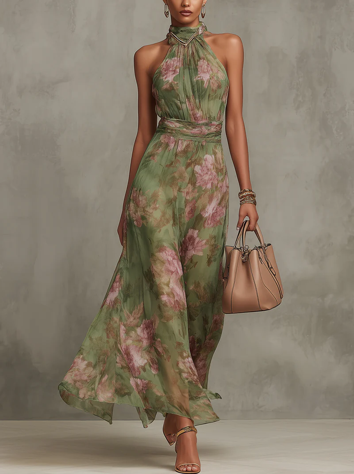 Leah - Green Floral Chiffon Maxi Dress with Halter Neckline