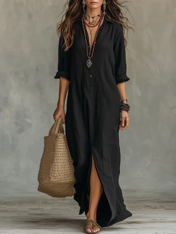 Alessia | Robe maxi noire fluide avec boutons