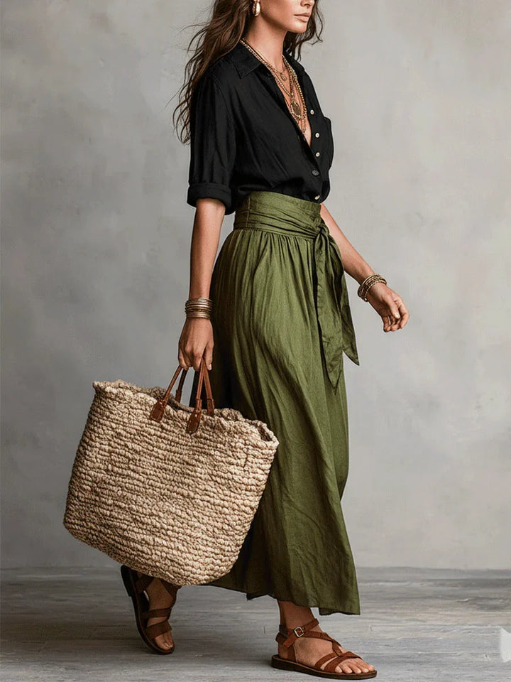 Vida Ensemble Élégant Deux Pièces avec Chemise Noire et Jupe Midi