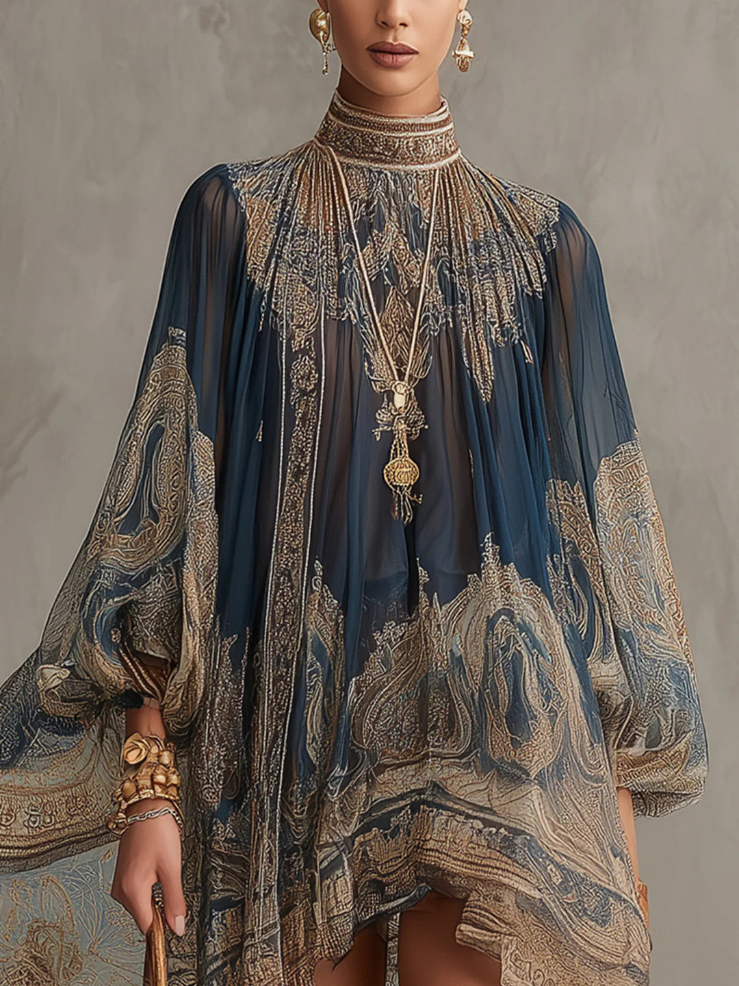 Bérénice | Robe Mini Asymétrique à Imprimé Baroque Bleu Marine et Col Montant