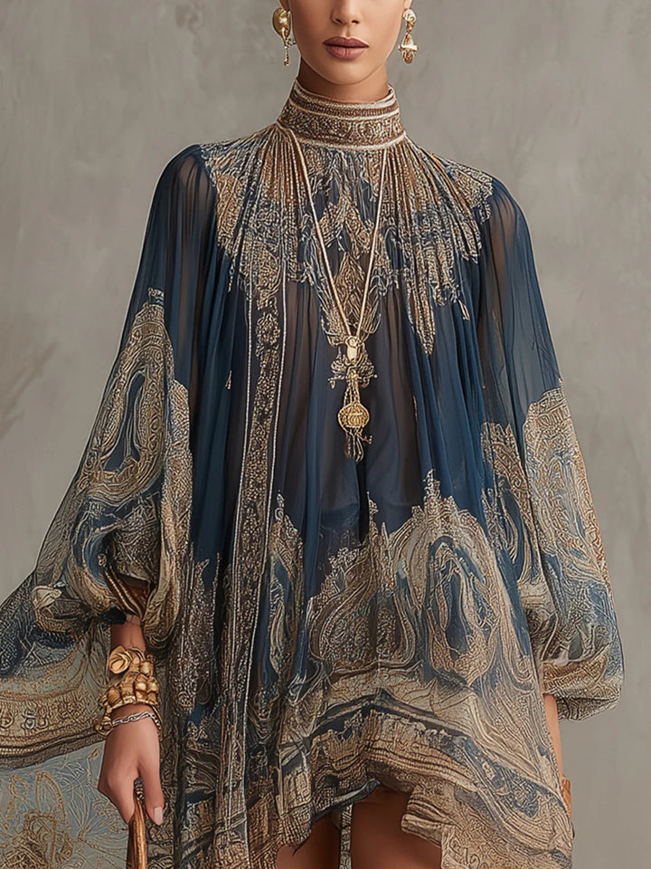 Bérénice | Robe Mini Asymétrique à Imprimé Baroque Bleu Marine et Col Montant