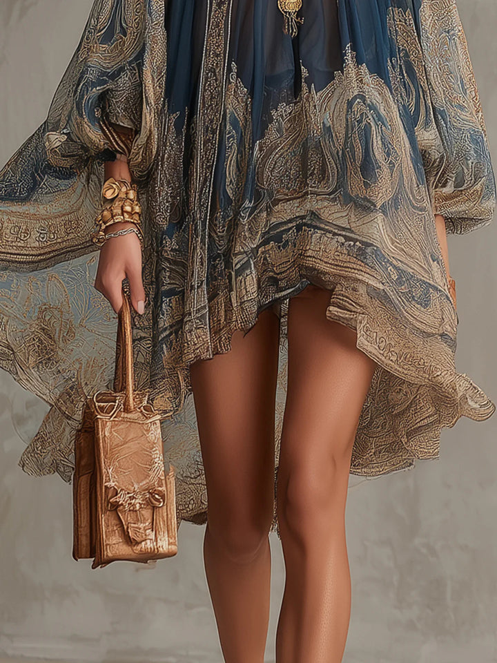 Bérénice | Robe Mini Asymétrique à Imprimé Baroque Bleu Marine et Col Montant