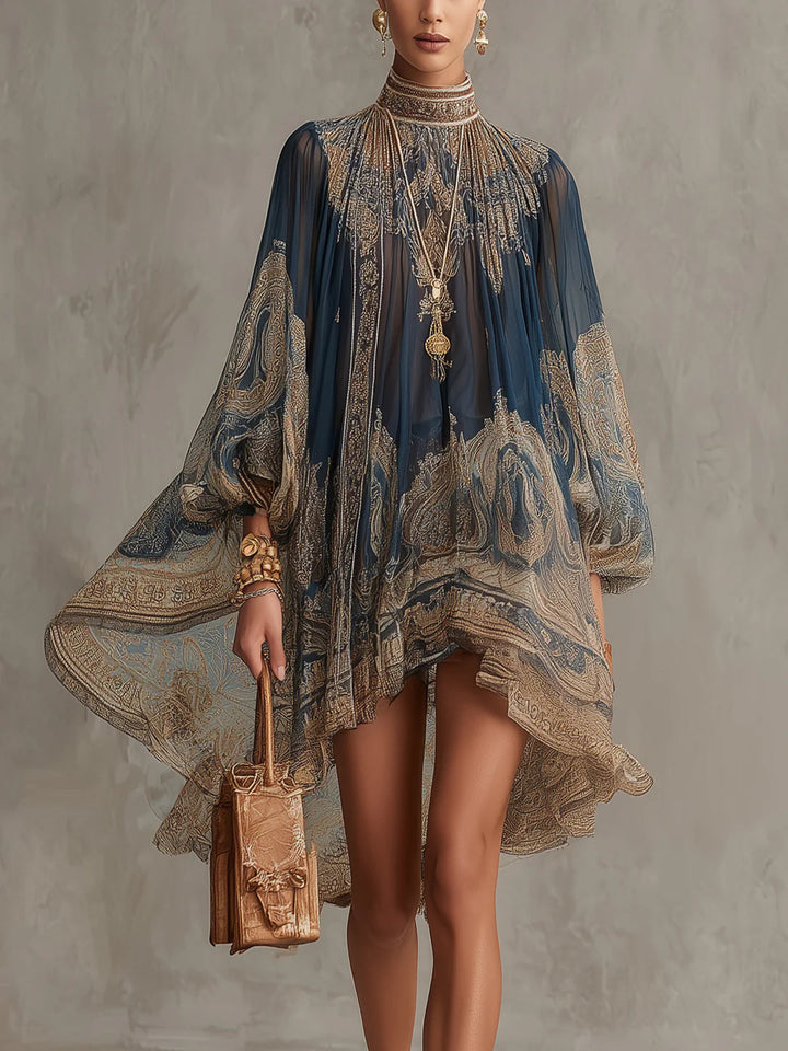 Bérénice | Robe Mini Asymétrique à Imprimé Baroque Bleu Marine et Col Montant
