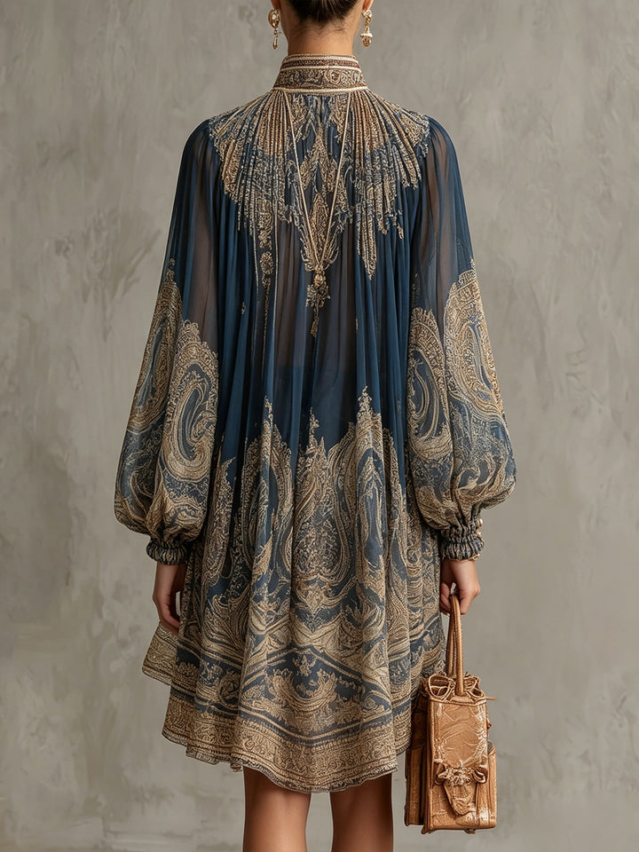 Bérénice | Robe Mini Asymétrique à Imprimé Baroque Bleu Marine et Col Montant