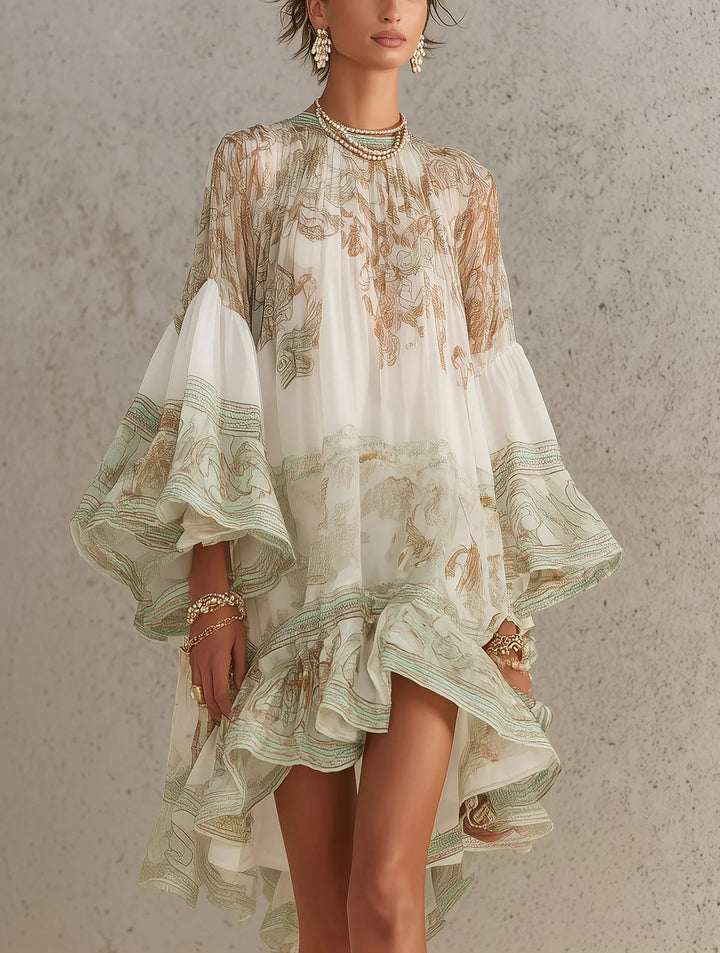 Green Print Ruffle Hem Flounce Sleeve Chiffon Mini Dress