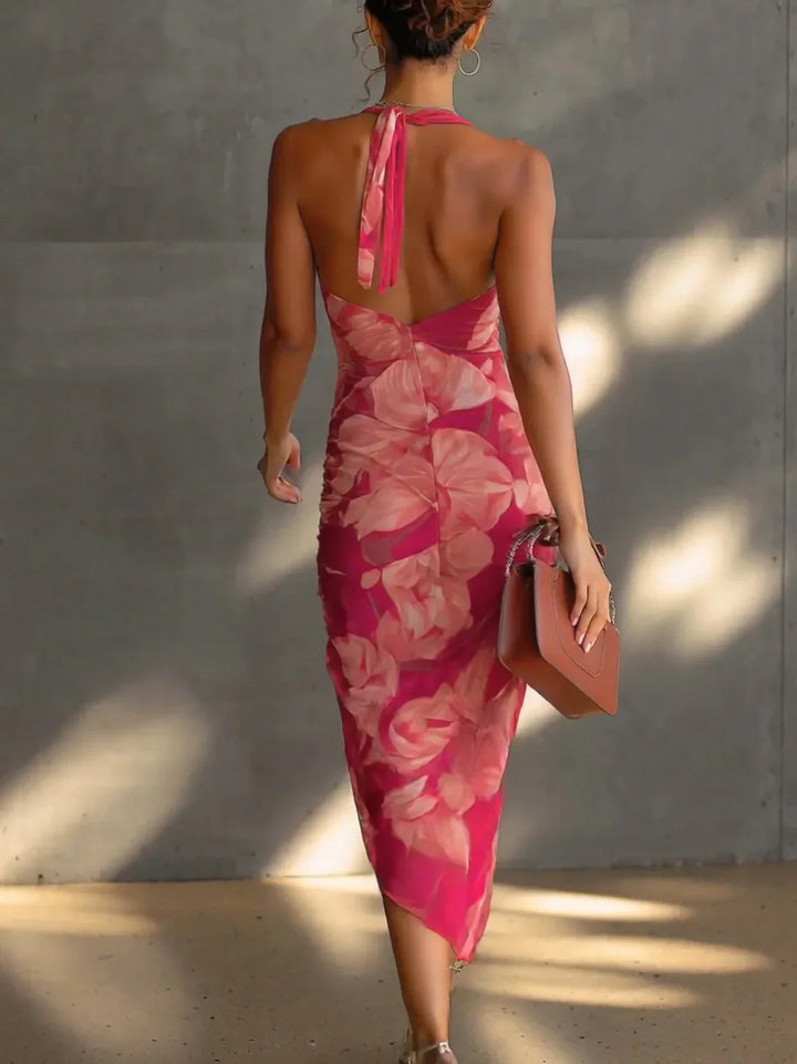 Floral Ruched Halter Midi Dress with Side Slit