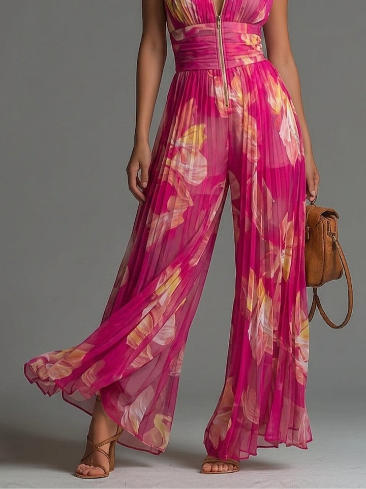 Zsófia Jumpsuit - Fuchsia Floral Pleated Chiffon