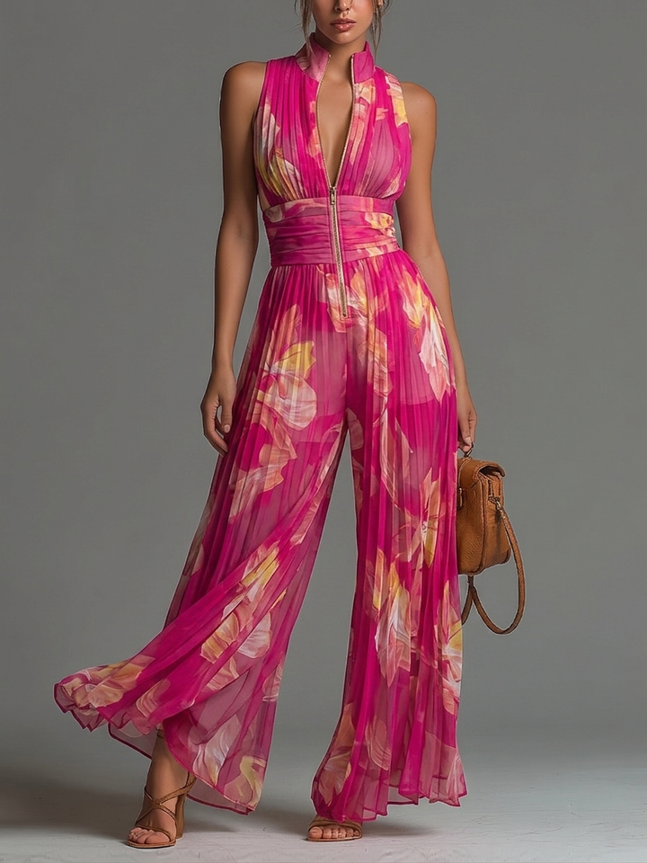 Zsófia Jumpsuit - Fuchsia Floral Pleated Chiffon