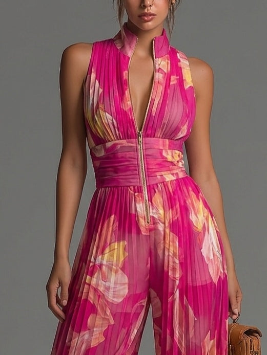 Zsófia Jumpsuit - Fuchsia Floral Pleated Chiffon