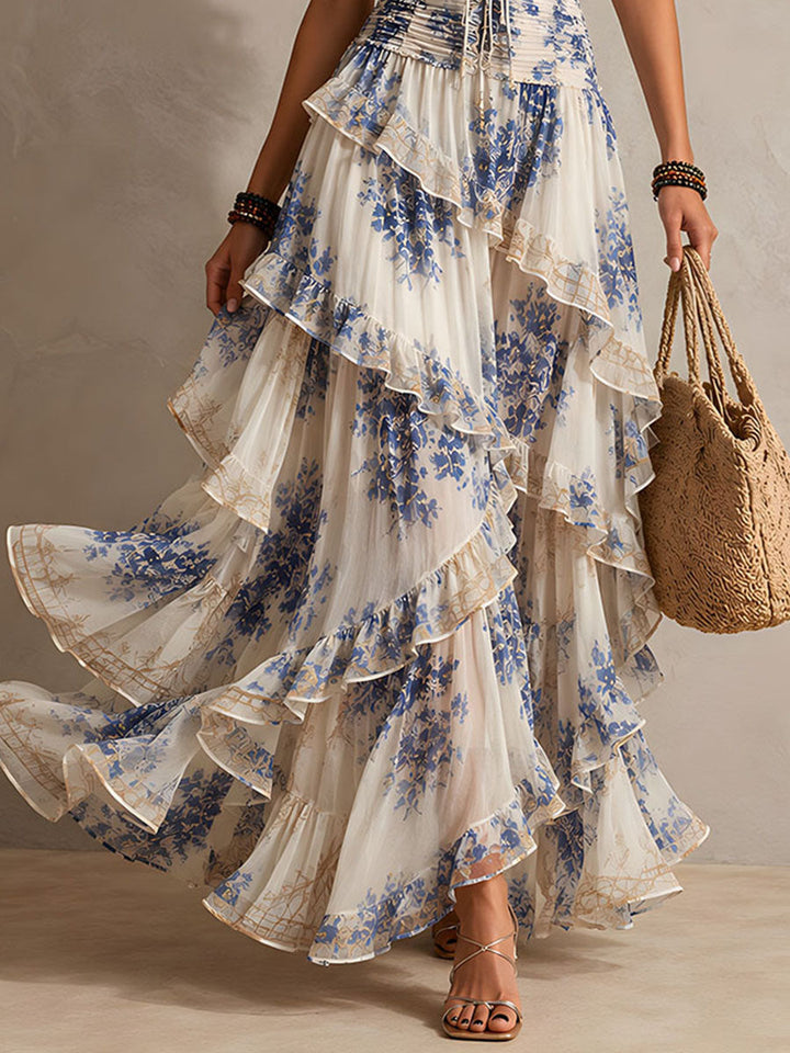 Romantic Vacation Blue And White Floral Print Halter Neck Ruffled Maxi Dress