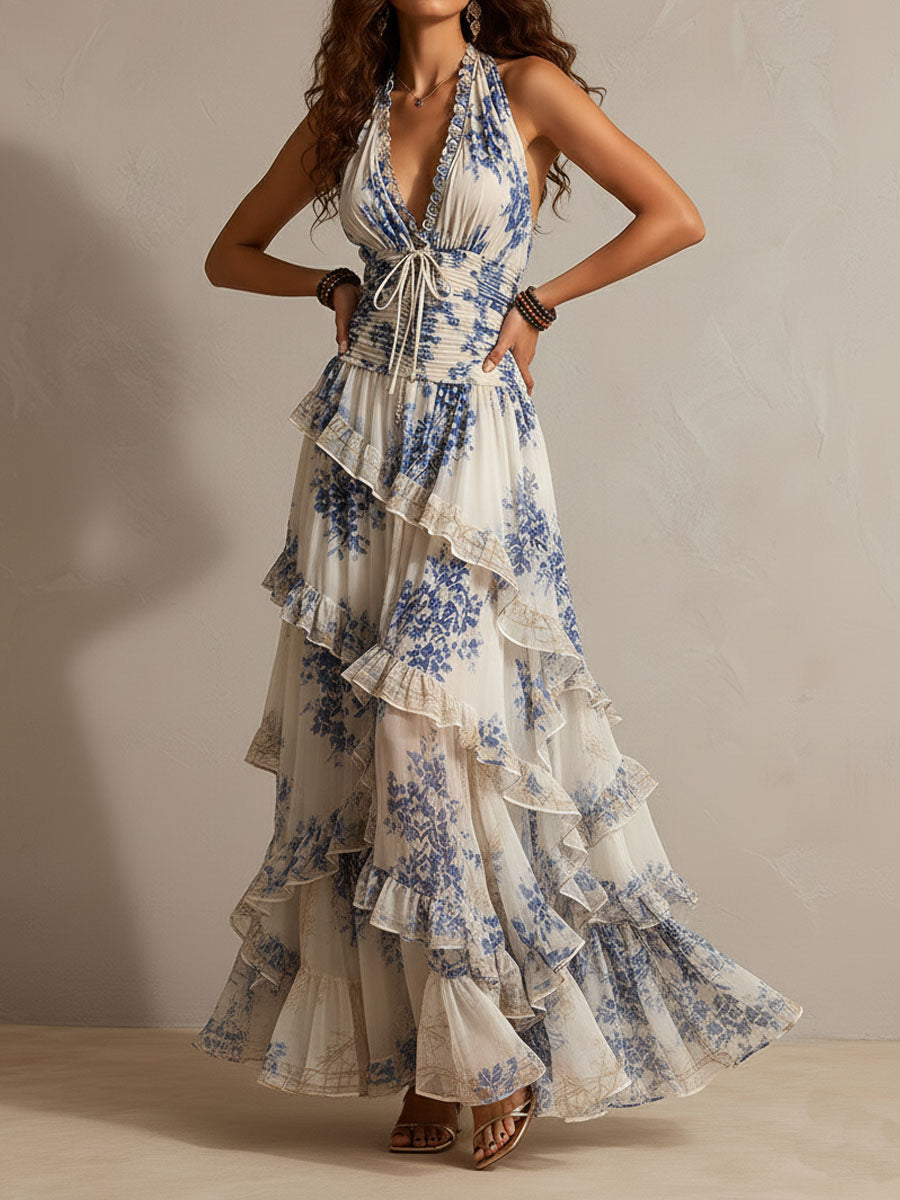 Romantic Vacation Blue And White Floral Print Halter Neck Ruffled Maxi Dress