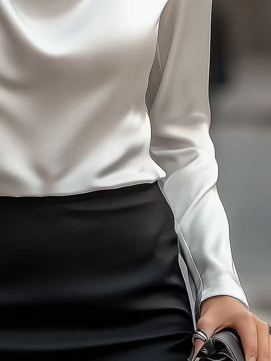 Adriana - Elegant White Satin Blouse with Draped Neckline