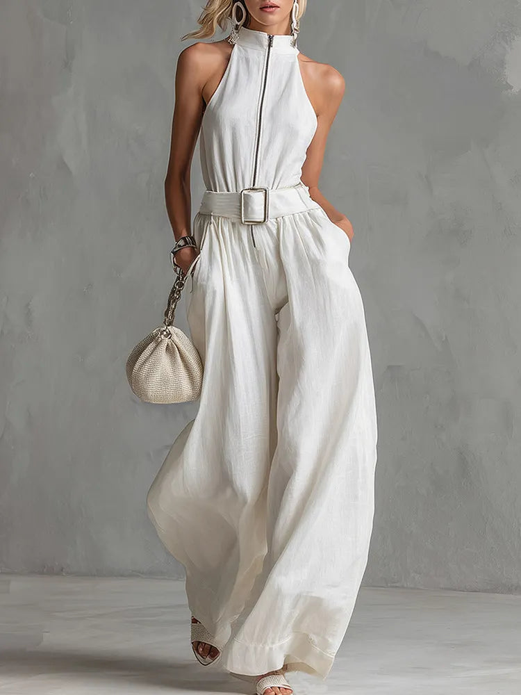 Elegant City Jumpsuit – Belted, Sleeveless, Wide-Leg Fit