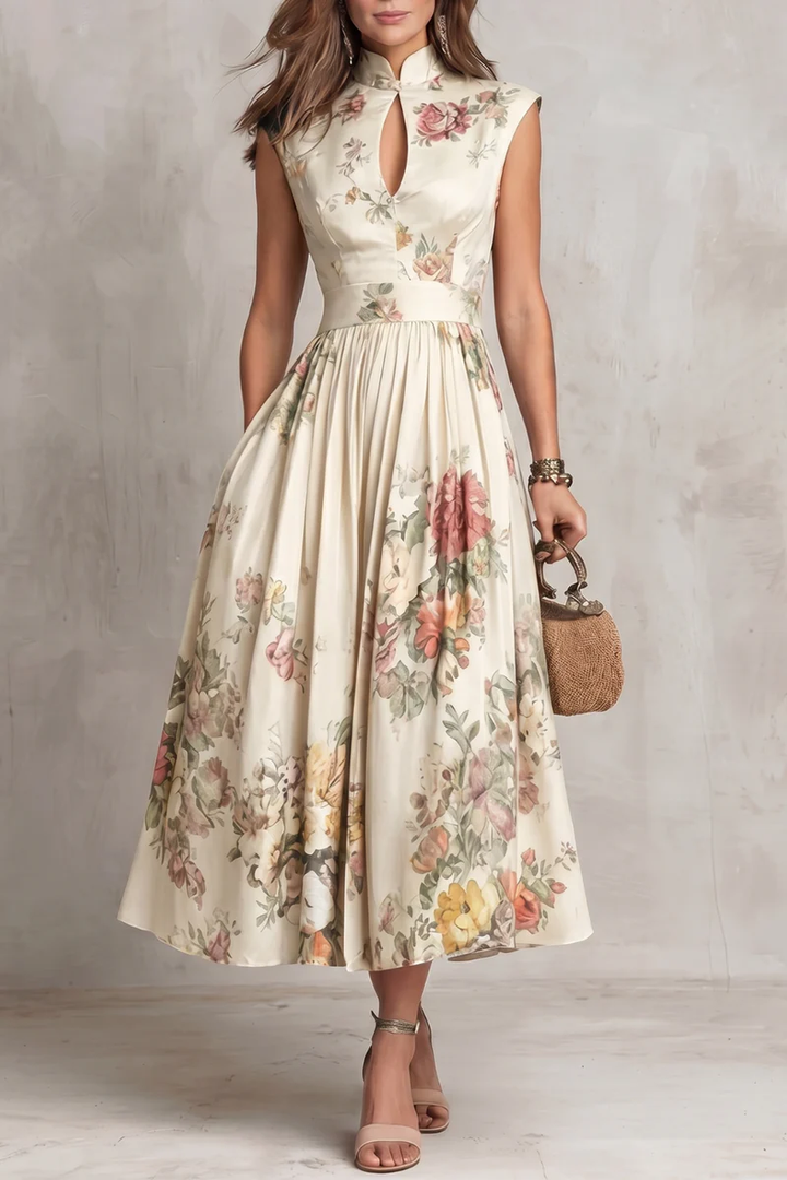 Black Keyhole Collar Floral Pleated Satin Midi Dress