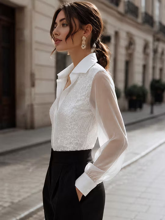 Sequin Embellished Sheer Sleeve Button-Front Blouse