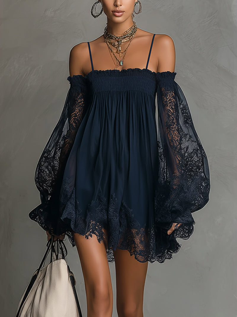 Noemi™ | Robe Trapèze Courte en Dentelle Chiffon Bleu Marine
