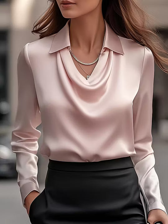 Adriana - Elegant White Satin Blouse with Draped Neckline
