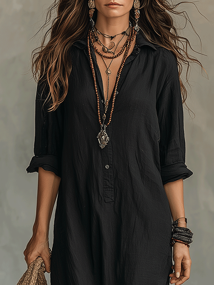 Robe Chemise Maxi Bohème Boutonnée Noire