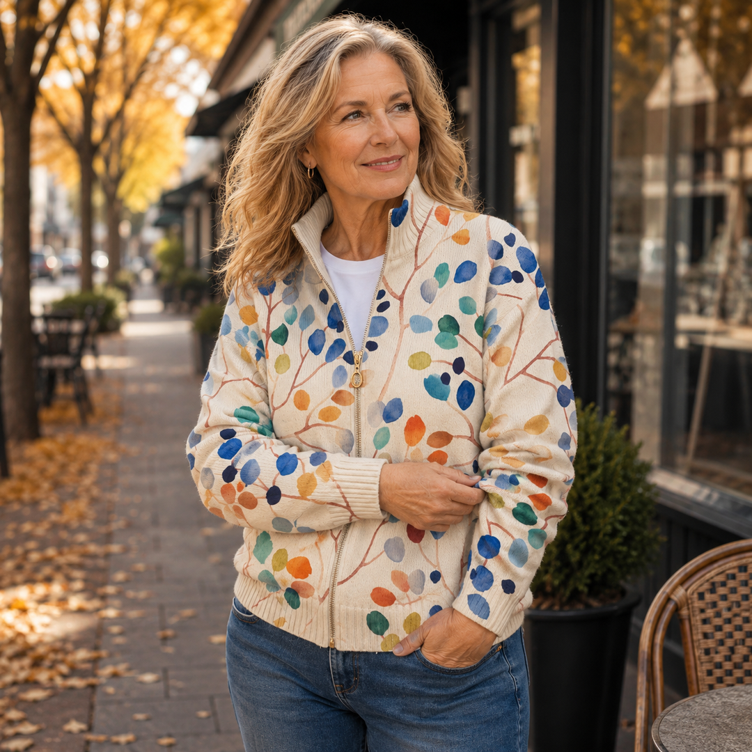 Imogene™ | Cardigan avec Fermeture Éclair et Motif de Feuilles Botaniques