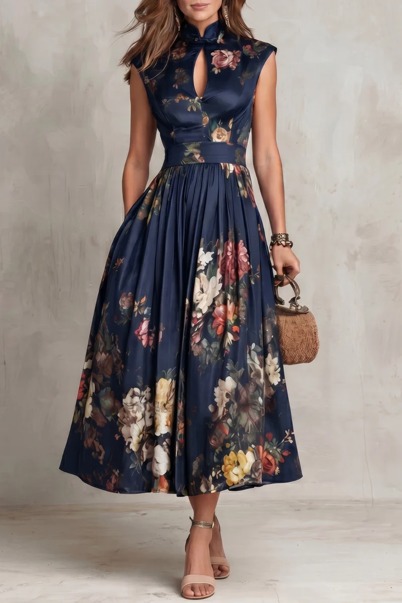 Black Keyhole Collar Floral Pleated Satin Midi Dress