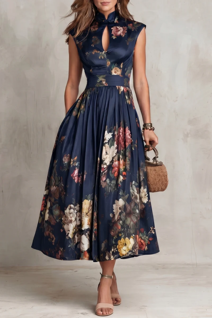Black Keyhole Collar Floral Pleated Satin Midi Dress