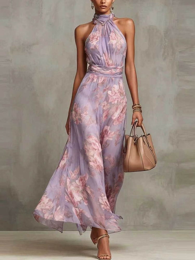 Leah - Green Floral Chiffon Maxi Dress with Halter Neckline