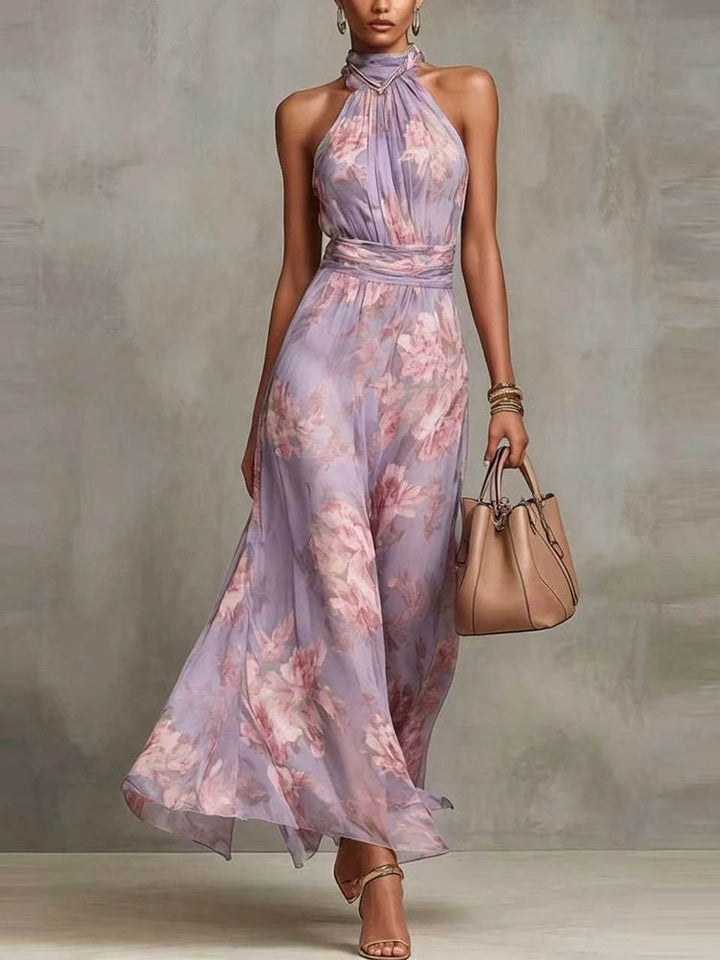 Leah - Green Floral Chiffon Maxi Dress with Halter Neckline