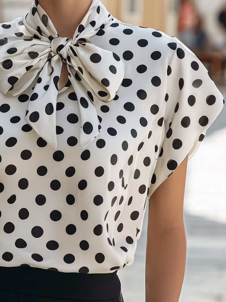 Satin Polka Dot Bow Tie Neck Short Sleeve Blouse