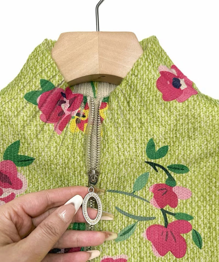 Constance™ | Cardigan Zippé Floral Rose sur Fond Lime