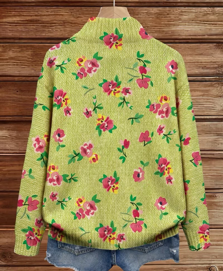 Constance™ | Cardigan Zippé Floral Rose sur Fond Lime