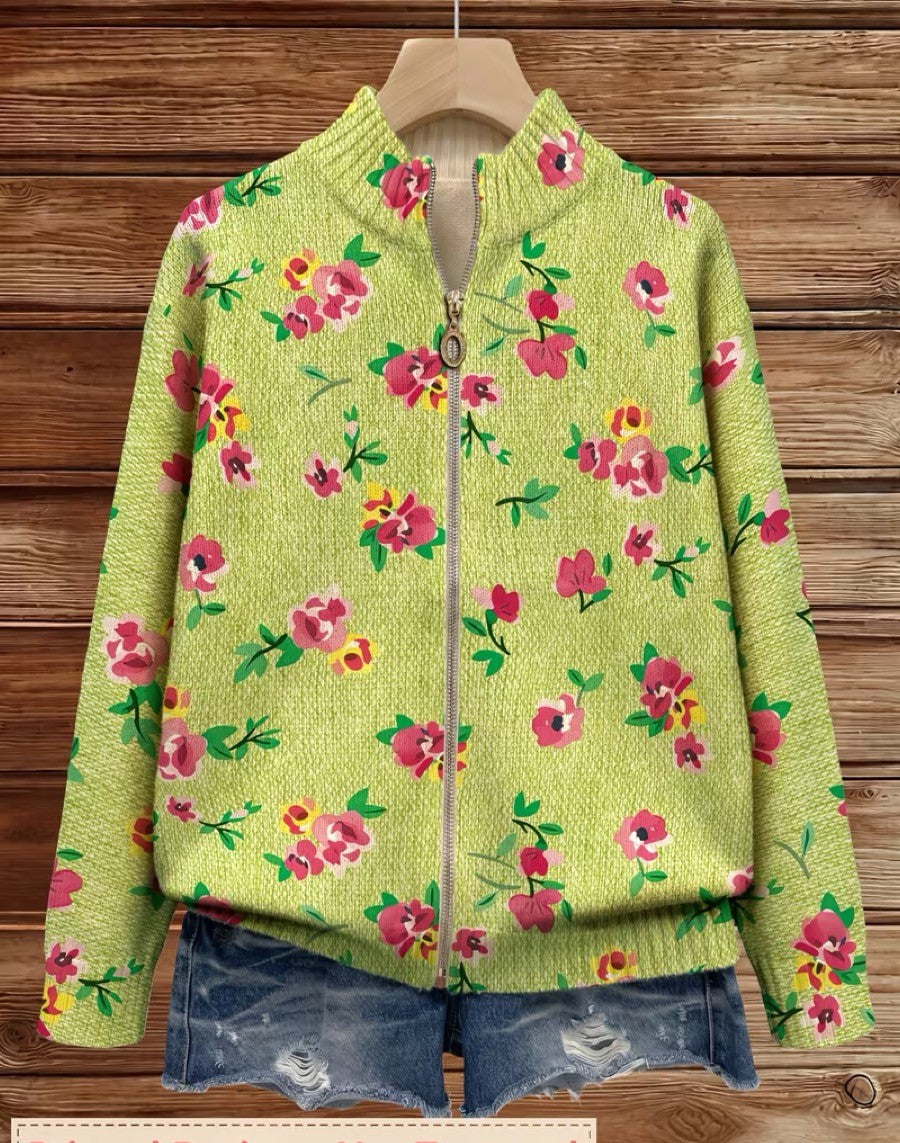 Constance™ | Cardigan Zippé Floral Rose sur Fond Lime