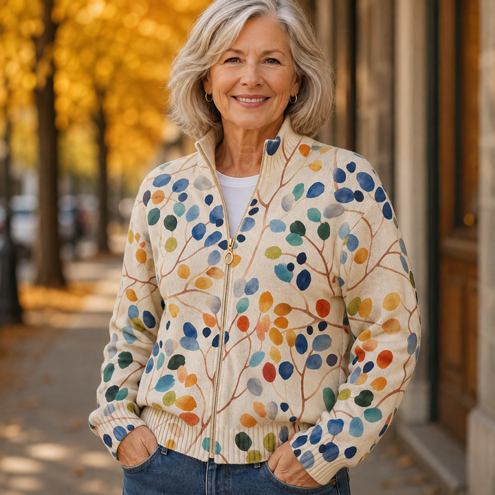Imogene™ | Cardigan avec Fermeture Éclair et Motif de Feuilles Botaniques