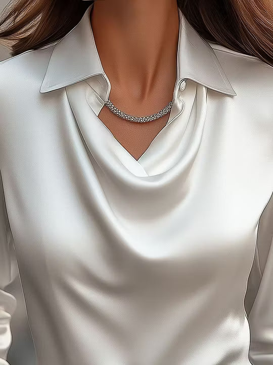 Adriana - Elegant White Satin Blouse with Draped Neckline