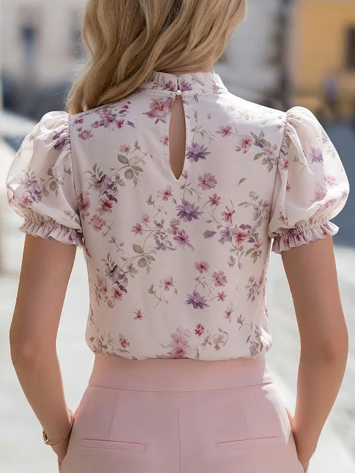 Floral Puff Sleeve Tie-Neck Chiffon Blouse