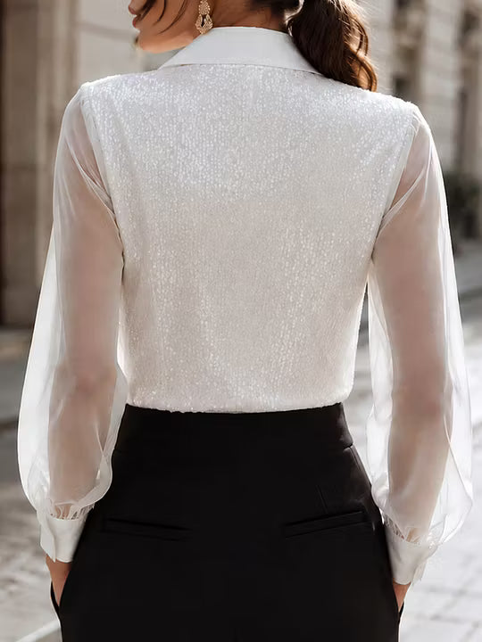 Sequin Embellished Sheer Sleeve Button-Front Blouse