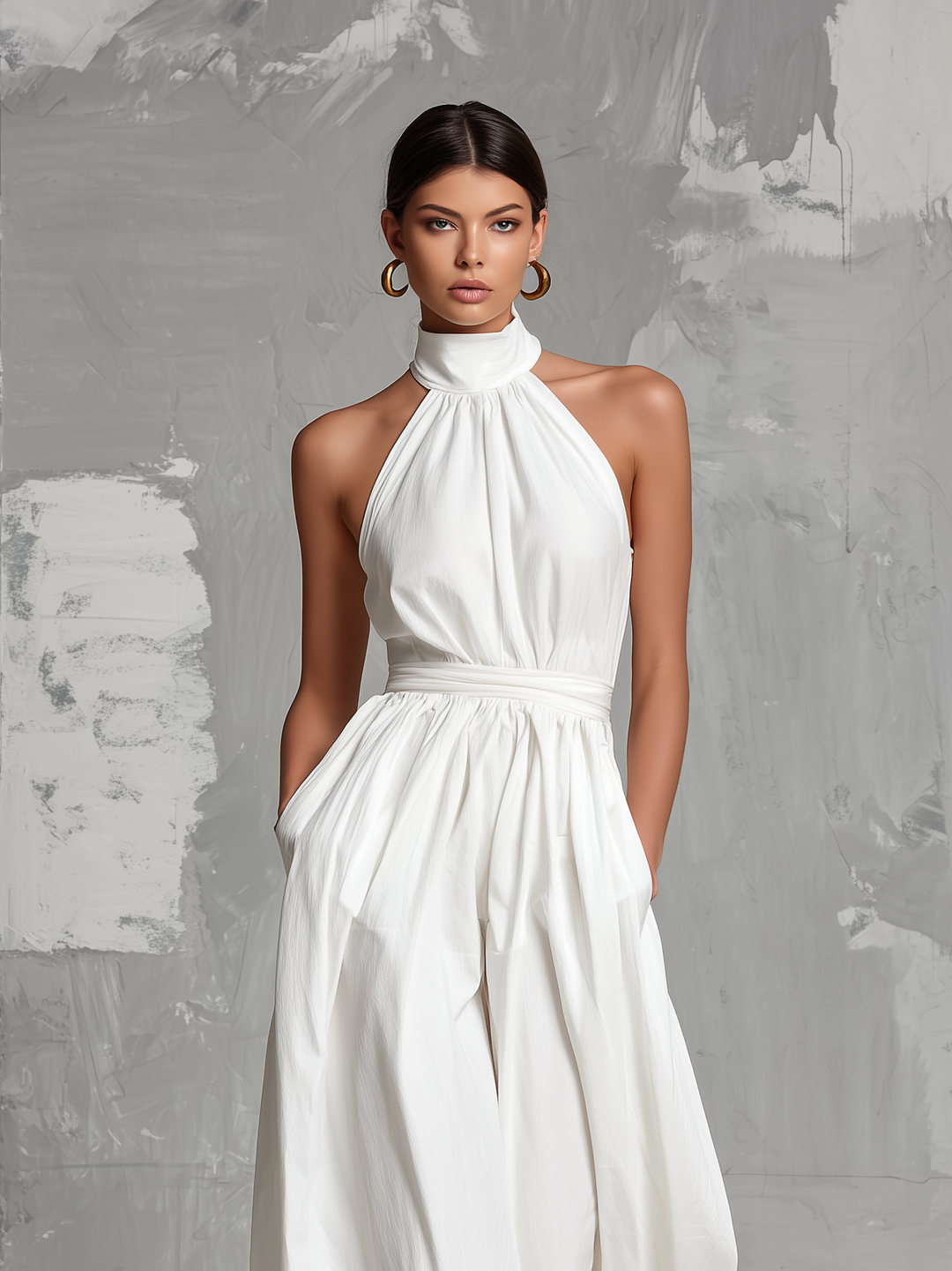 Zoltán | Elegant white woven sleeveless halter-neck jumpsuit
