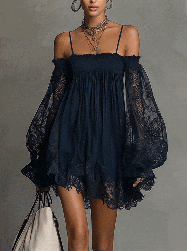 Noemi™ | Robe Trapèze Courte en Dentelle Chiffon Bleu Marine