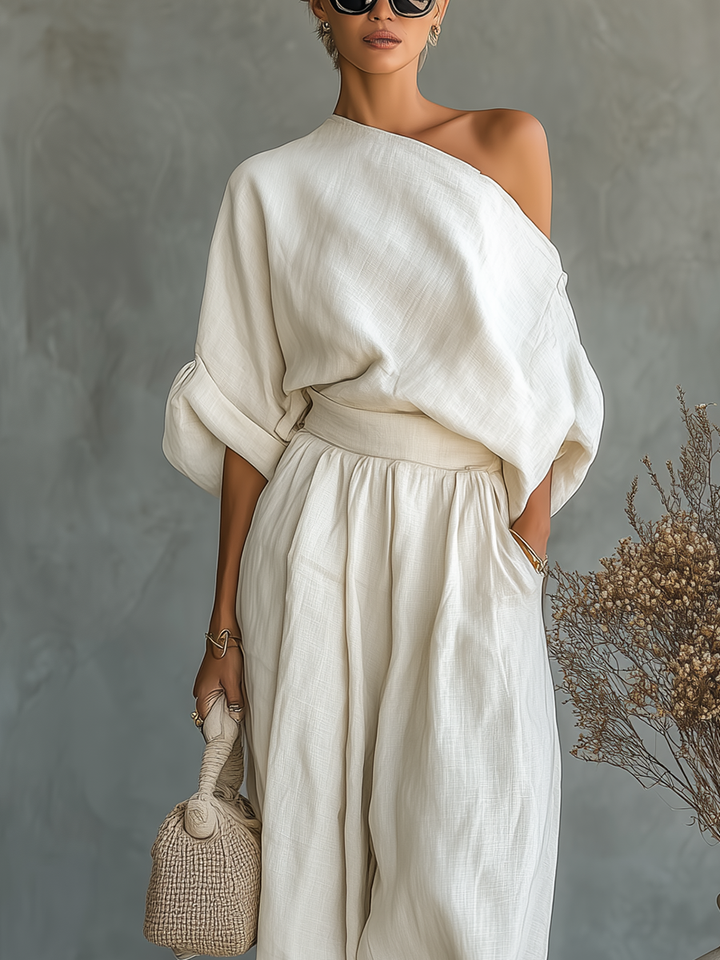 Women's Off-White Linen Set with Off-Shoulder Top and Tapered Pants