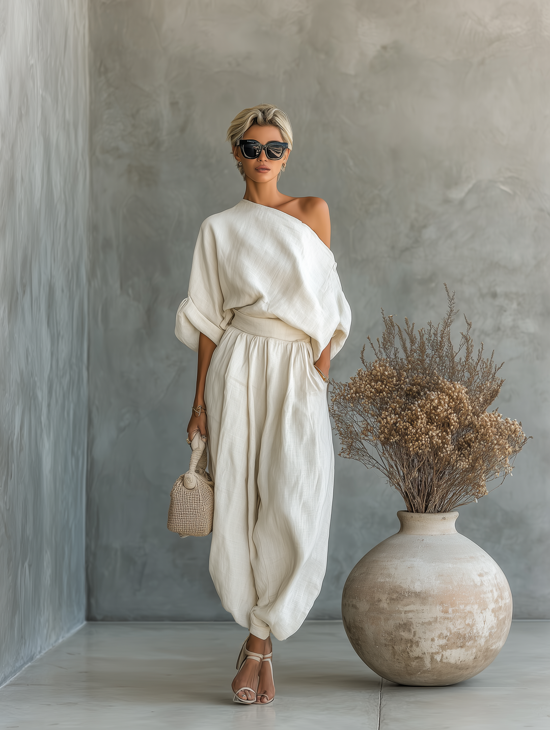 Women's Off-White Linen Set with Off-Shoulder Top and Tapered Pants
