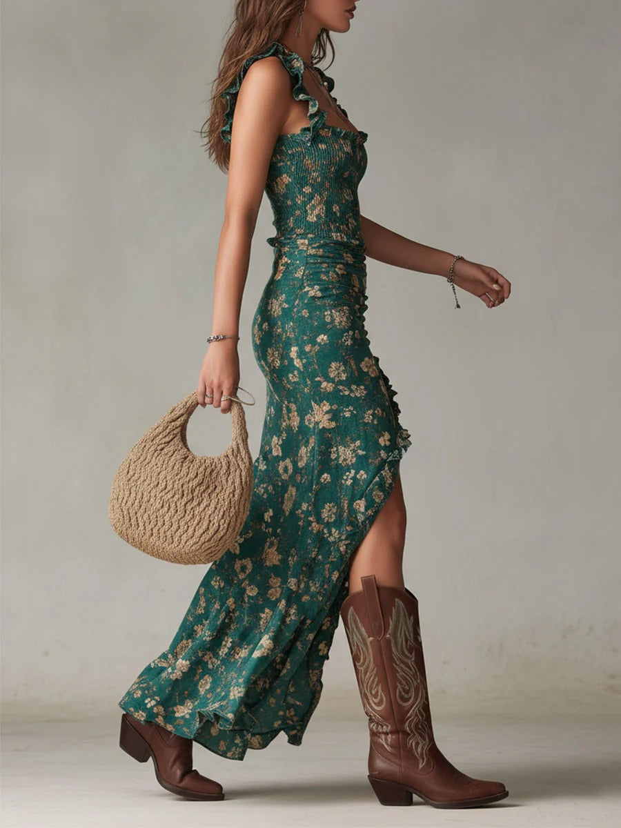 Zara | Bohemian Floral Ruched Maxi Dress with Side Slit