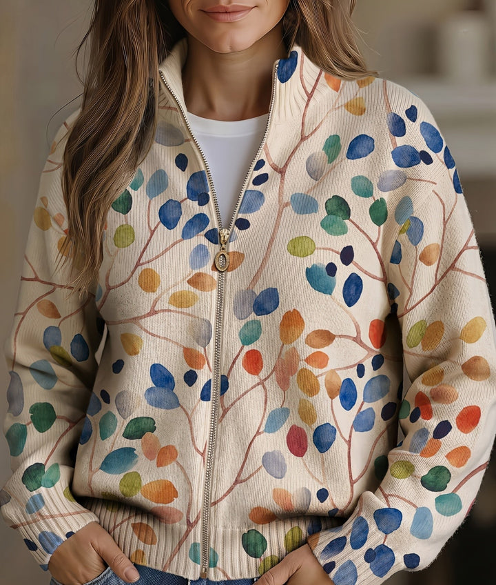 Imogene™ | Cardigan avec Fermeture Éclair et Motif de Feuilles Botaniques
