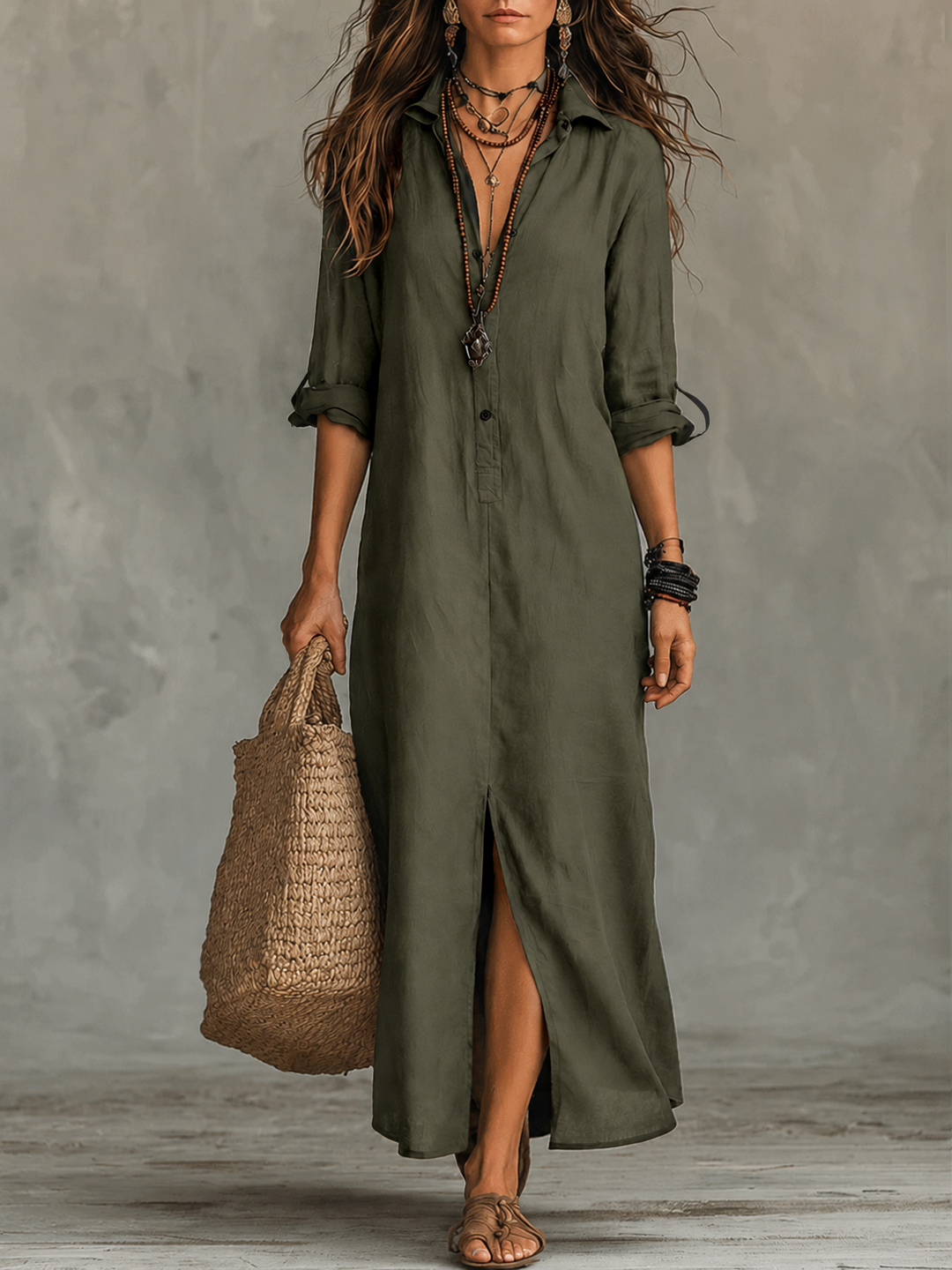 Robe Chemise Maxi Bohème Boutonnée Noire