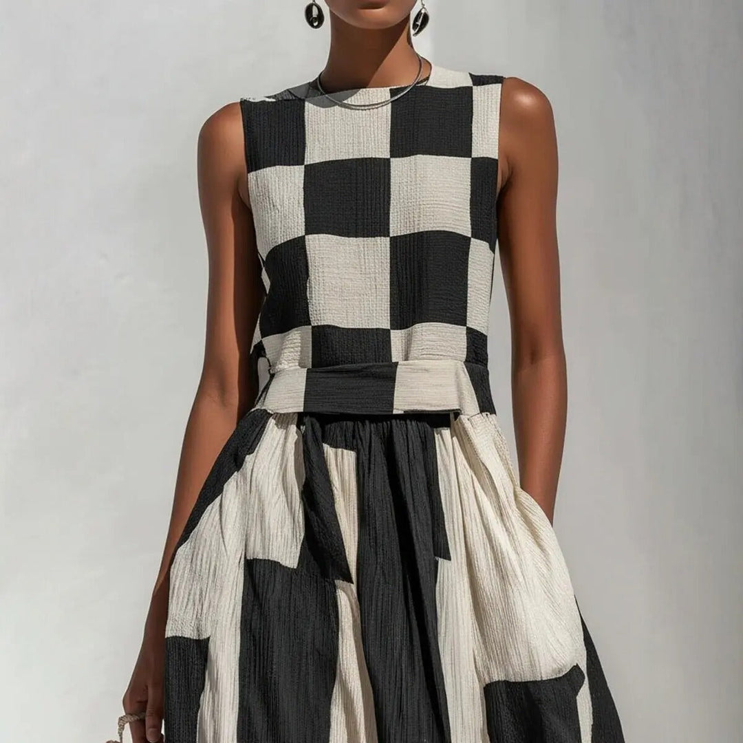 Noa Robe Maxi Géométrique en Blanc et Noir
