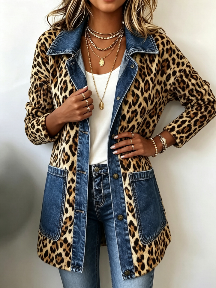 Veste Longue Imprimé Léopard avec Détails en Denim